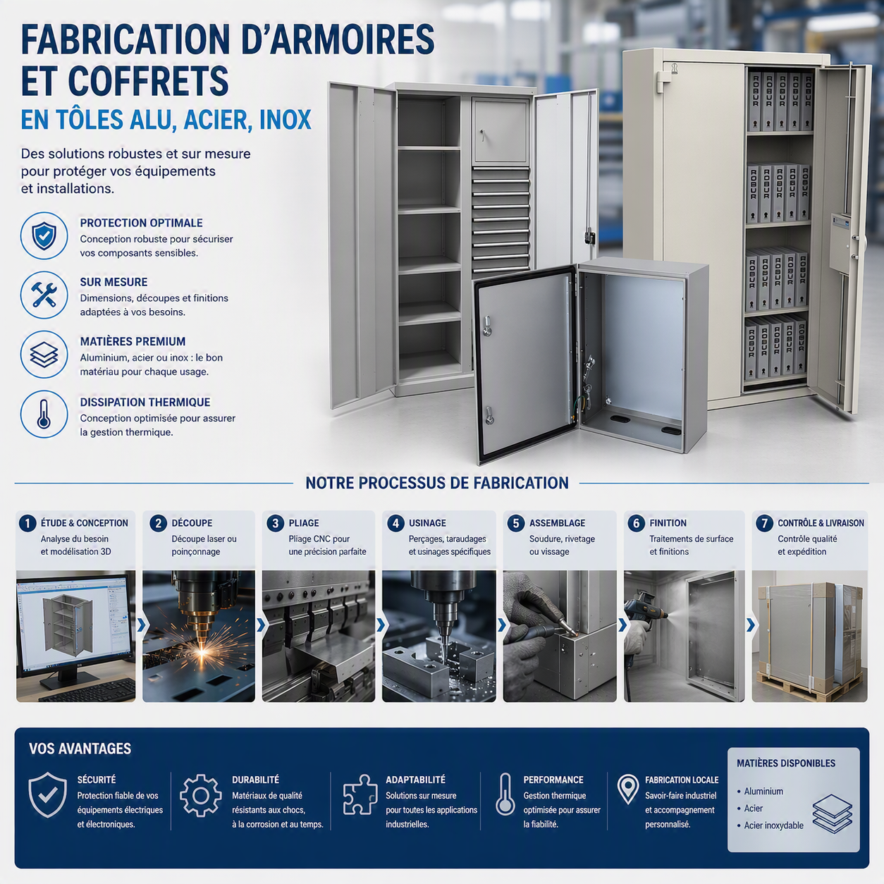 Infographie : fabrication d'armoires et coffrets en tôles alu, acier, inox — processus et avantages