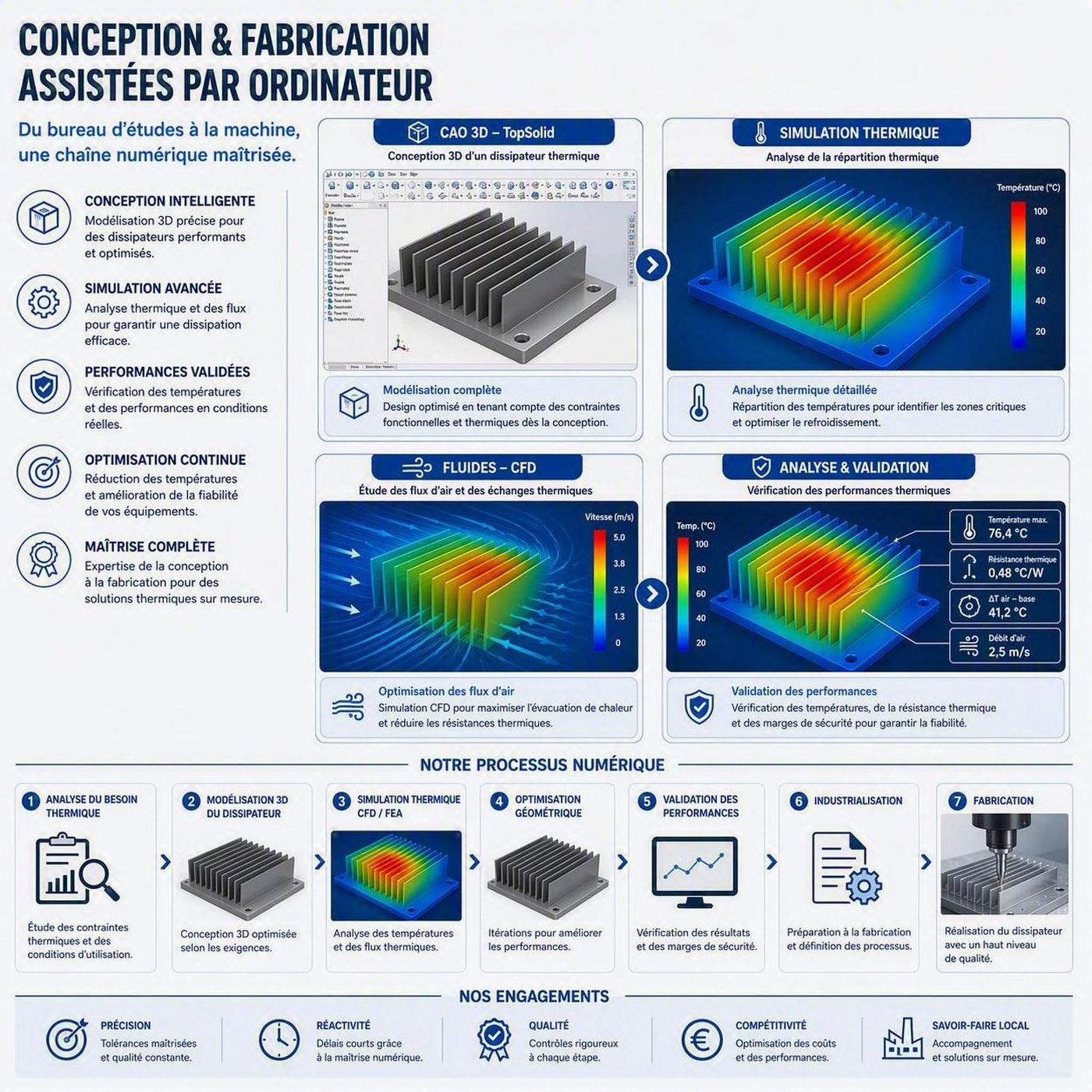 Chaine numerique dissipateurs : CAO 3D TopSolid, simulation thermique, CFD, analyse et validation