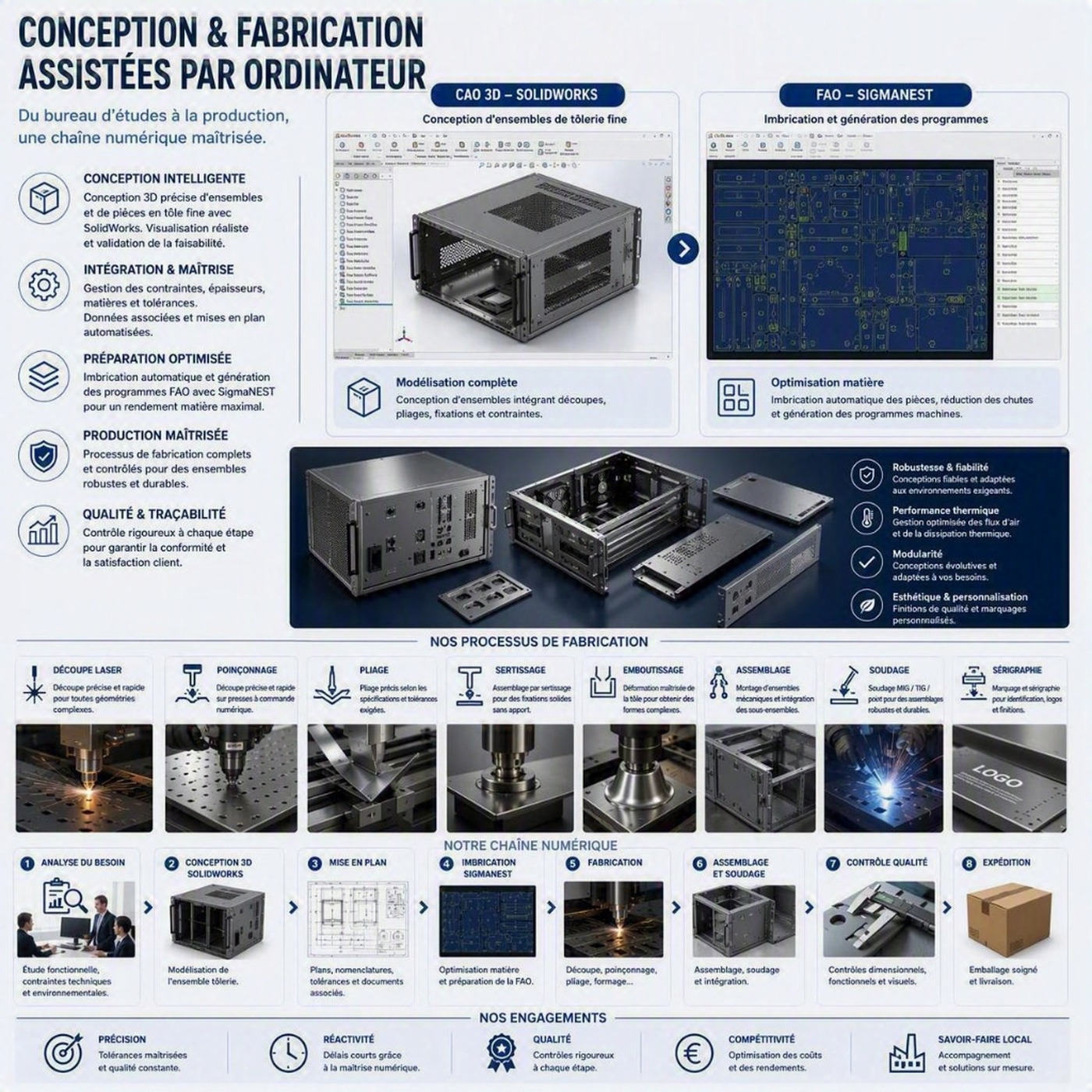 Chaine numerique tolerie : CAO 3D SolidWorks, FAO SigmaNEST, imbrication et processus de fabrication