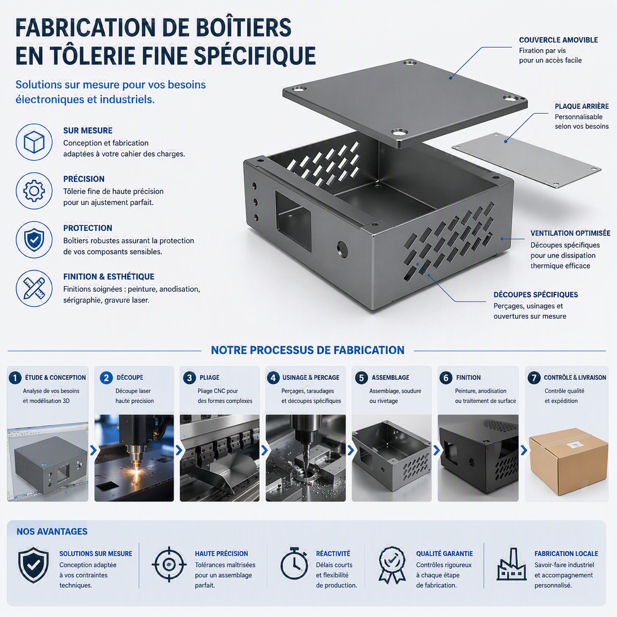 Infographie : fabrication de boîtiers en tôlerie fine spécifique — processus et avantages