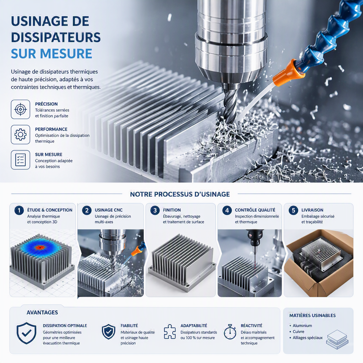 Infographie : usinage de dissipateurs sur mesure — processus, avantages et matières usinables